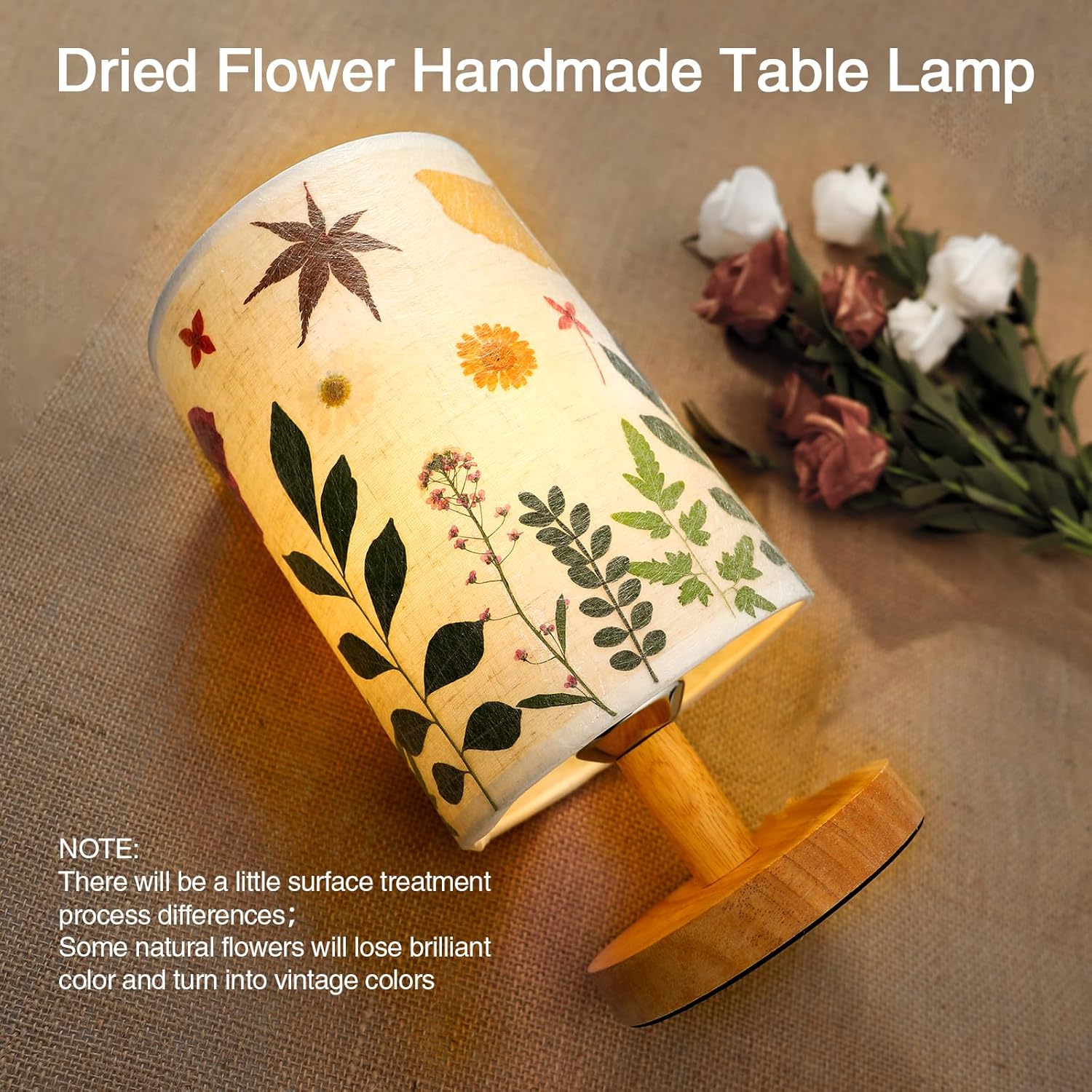 Pressed Flowers Table Lamp 5W LED 3Color Temperatures Dried Flower Bedside Lamp Linen Shade with Wood Base for Bedroom Living Room Desk…