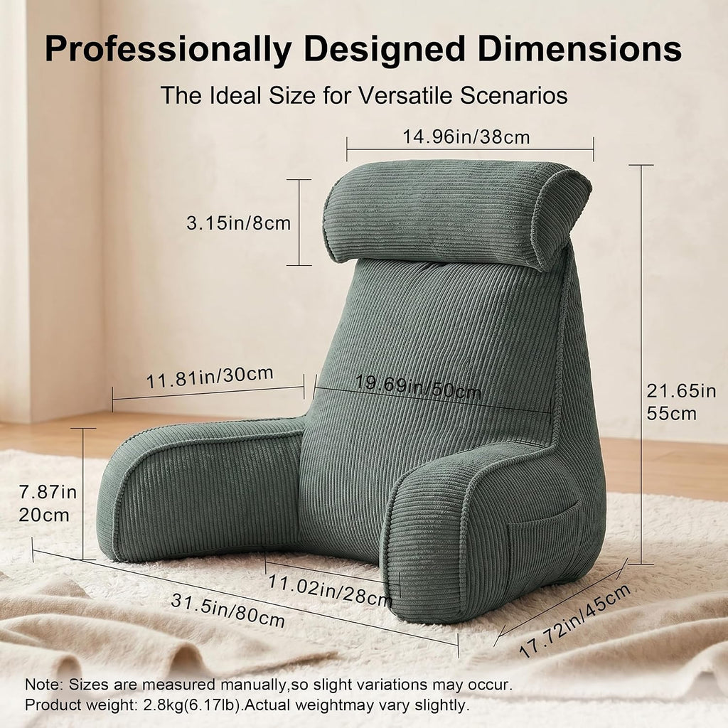 Ailuteie Sit Up Reading Pillow, Backrest Pillow with Arms, Corduroy Back Support Cushion with Side Pockets & Washable Cover, Bed Rest Suppo…