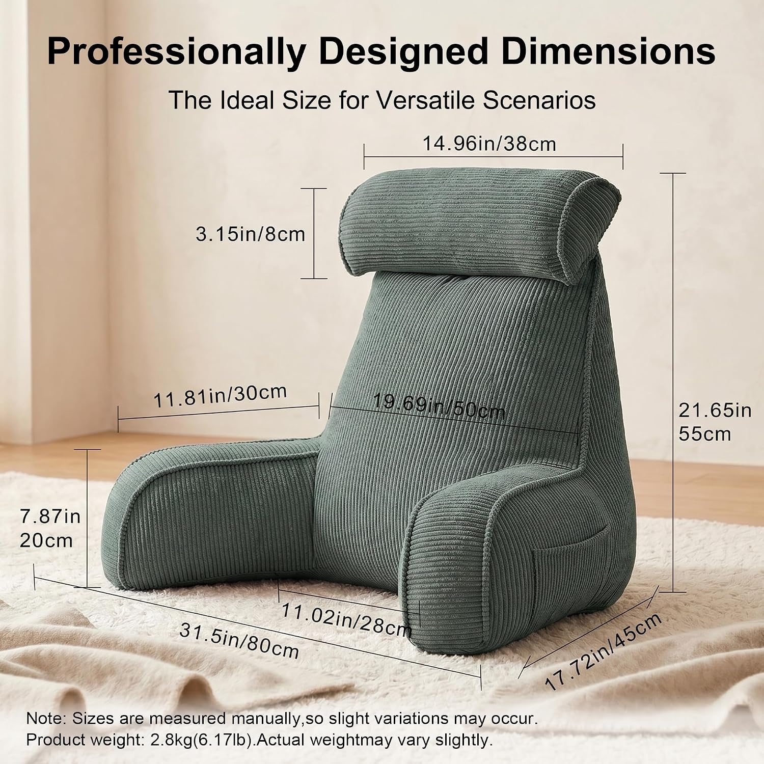 Ailuteie Sit Up Reading Pillow, Backrest Pillow with Arms, Corduroy Back Support Cushion with Side Pockets & Washable Cover, Bed Rest Suppo…