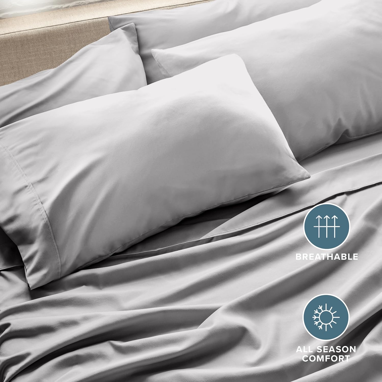 BareHome Bare Home Microfiber Bulk Pillow Cases - Standard/Queen Size Set of 4 - Cooling Pillowcases - Double Brushed - Light Grey Pillowca…
