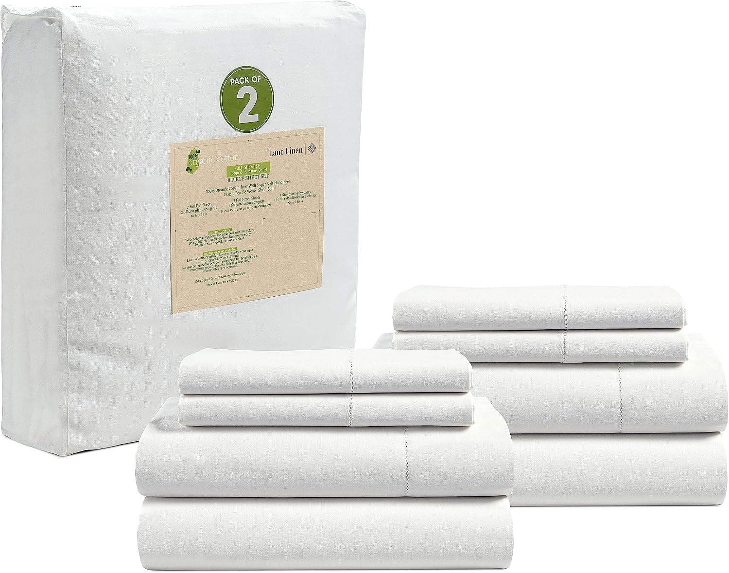 LaneLinen LANE LINEN 100% Organic Cotton Pure White Full Sheets Set, 4-Piece Pure Organic Cotton Long Staple Percale Weave Ultra Soft Beddi…