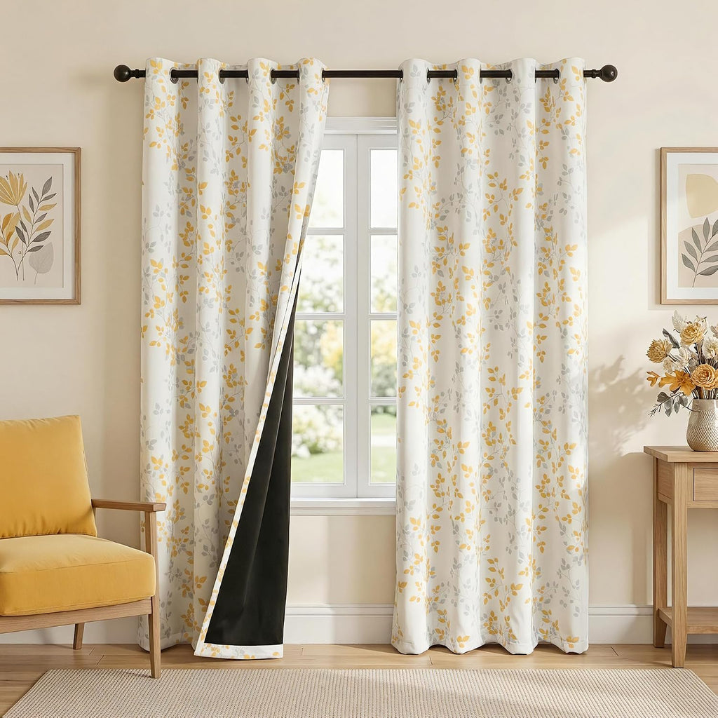 Meetsky 95% Blackout Yellow Curtains 84 Inches Long 2 Panels Set - Leaves Printed Curtains for Living Room, Grommet Thermal Insulated Drape…