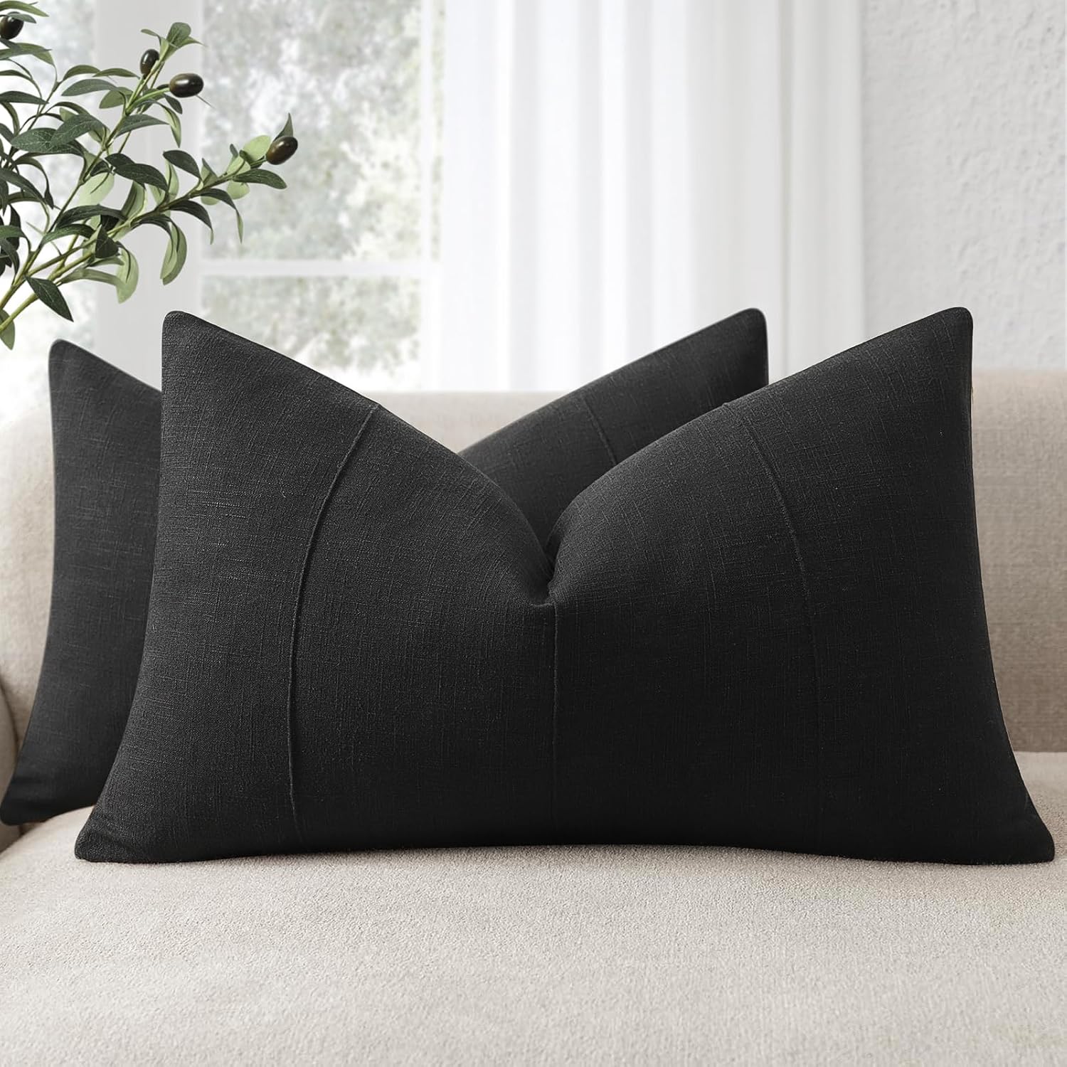 ZWJD 12x20 Pillow Covers Set of 2 Decorative Linen Lumbar Pillow Covers Solid Handcrafted Striped Cushion Covers for Bed Soft Modern…