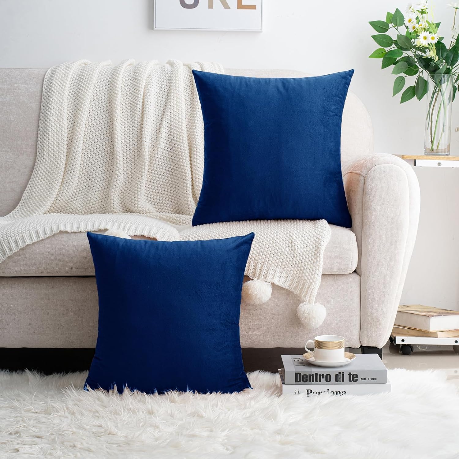 HWY 50 Navy Blue Velvet Throw Pillow Covers 20x20 Inch, Pack of 2 Soft Cozy Solid Decorative Luxury Cushion Cases for Couch Sofa Bed…
