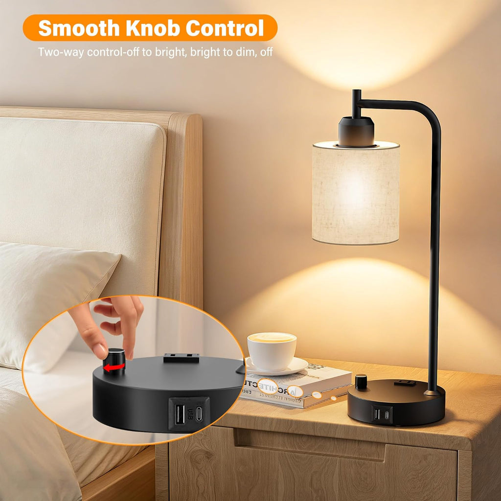 SIBRILLE Industrial Table Lamps with Linen Shade, Set of 2 Fully Dimmable Bedside Lamps with USB A+C Ports and Outlet, Black Nightstand…
