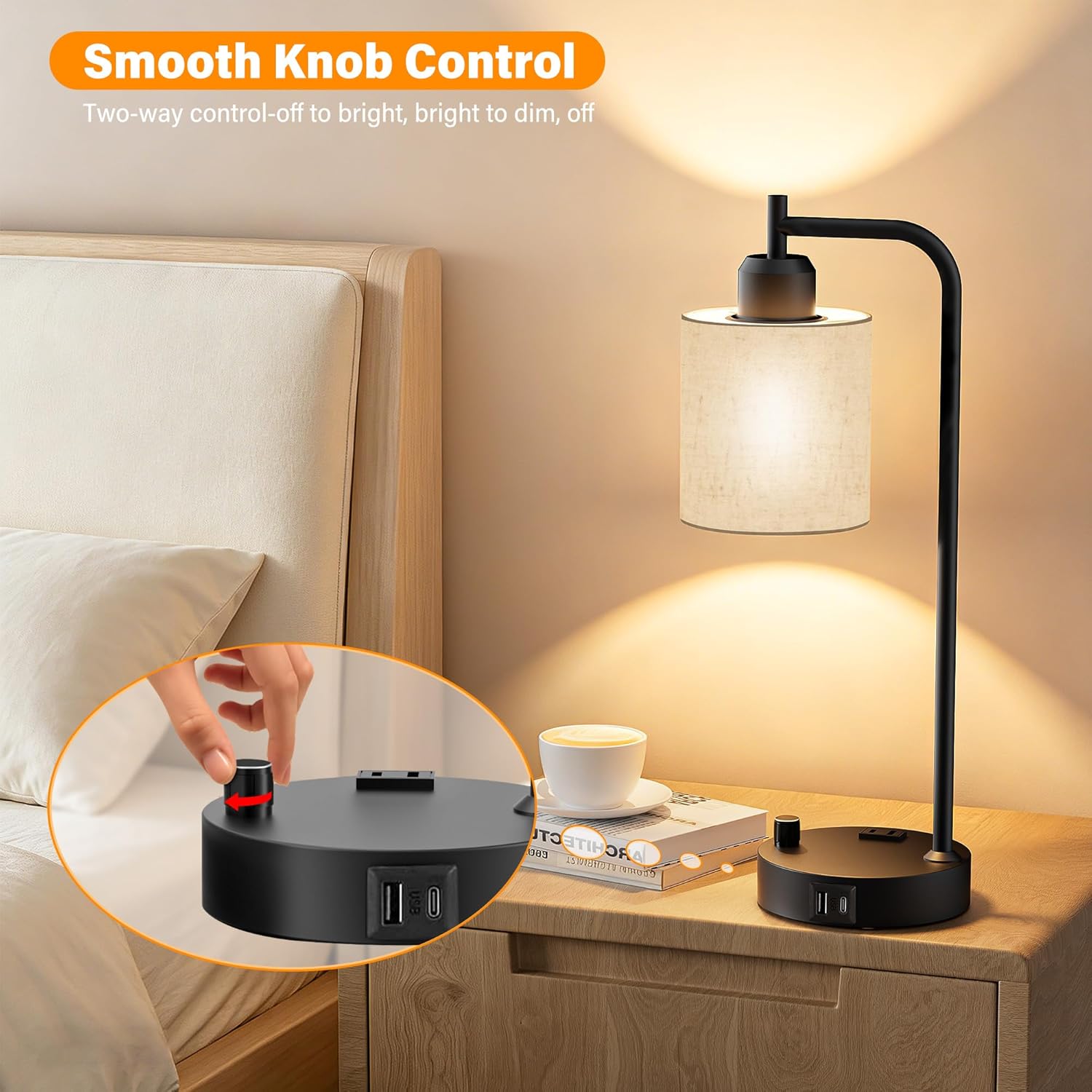SIBRILLE Industrial Table Lamps with Linen Shade, Set of 2 Fully Dimmable Bedside Lamps with USB A+C Ports and Outlet, Black Nightstand…