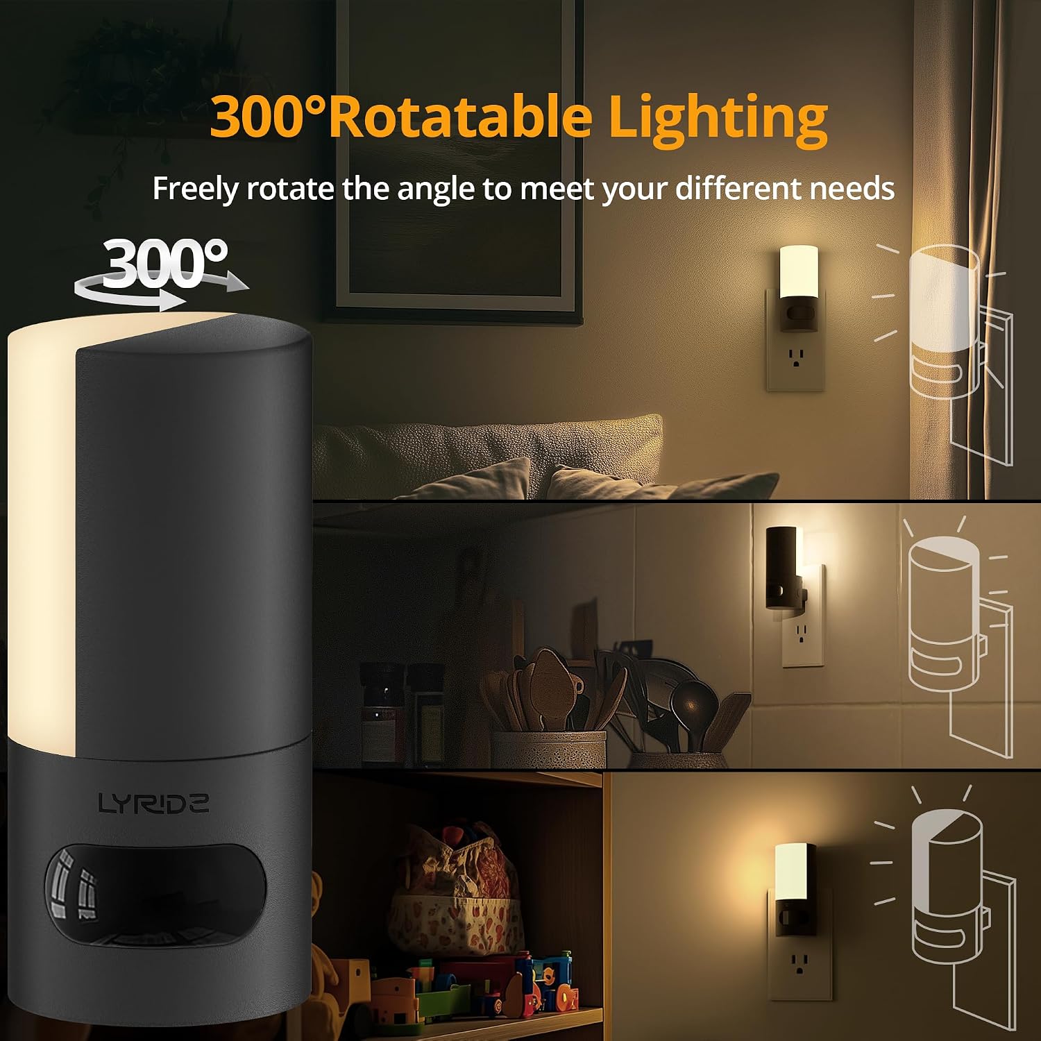 Lyridz Plug-in LED Rotatable Night Light with Motion Sensor, Dimmable Backlit Nightlight with 1-150lm Adjustable Brightness for Bathroom, B…