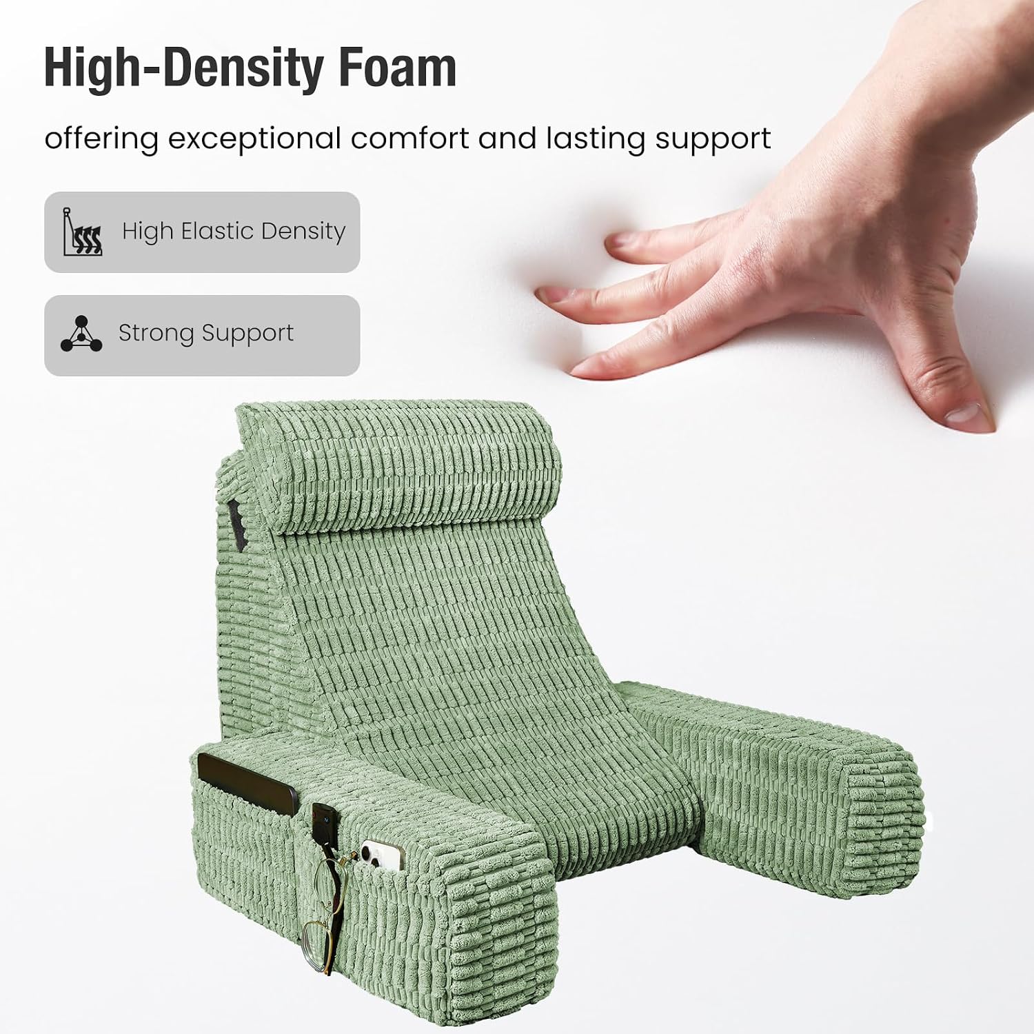 21" Reading Pillow for Bed Sitting Up, Back Support Pillow with Built-in Arms & Large Pockets, Washable Cover, Sage Green