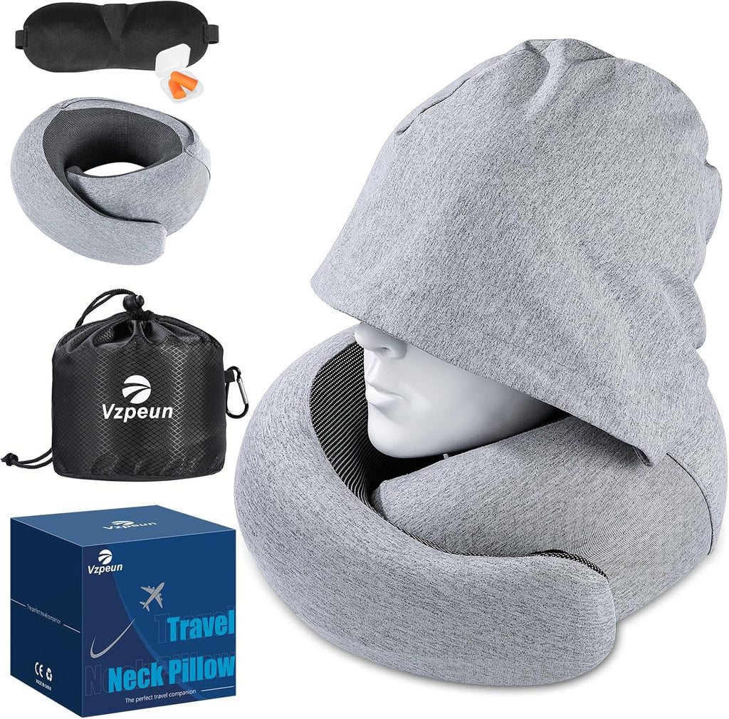 Vzpeun Travel Pillow - Hooded Neck Pillow Airplane Memory Foam Filling for Plane, Cars Sleeping, Road Trip, Long Flights, Airplane Travel E…