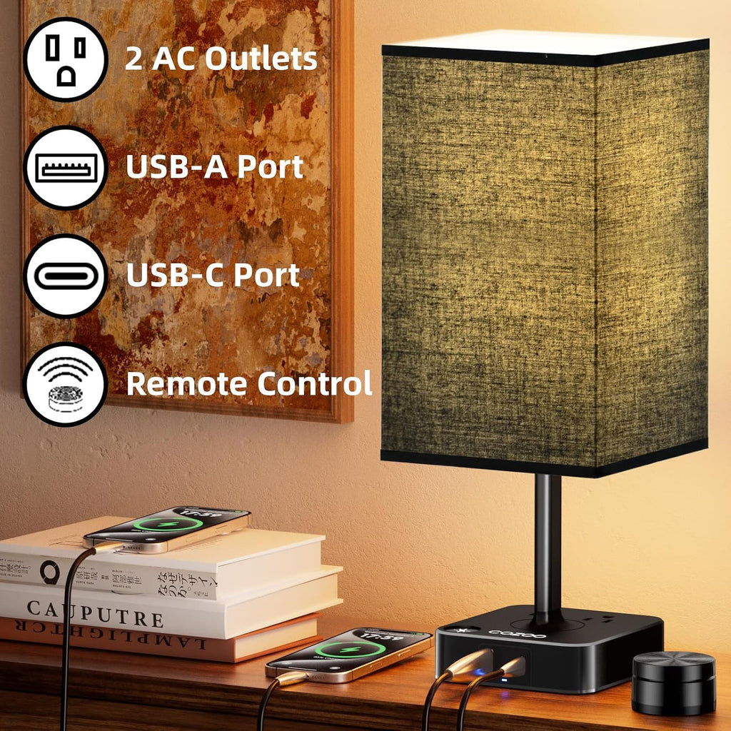 Table Lamp with Remote Operation Control for Bedroom, Dimmable Bedside Table Desk Light with USB C+A Charging Ports 2 AC…