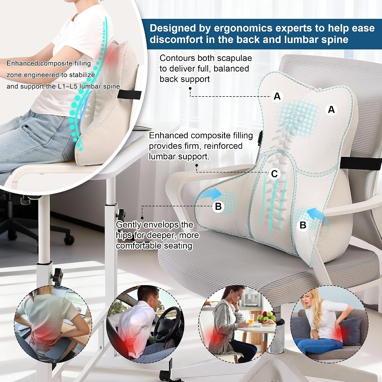 Lumbar Support Pillow(Pat. Pend) – Multi-Functional Ergonomic Back Cushion for Sofa Chair, Car Seat & Sofa, Reading Pillow with Firm…