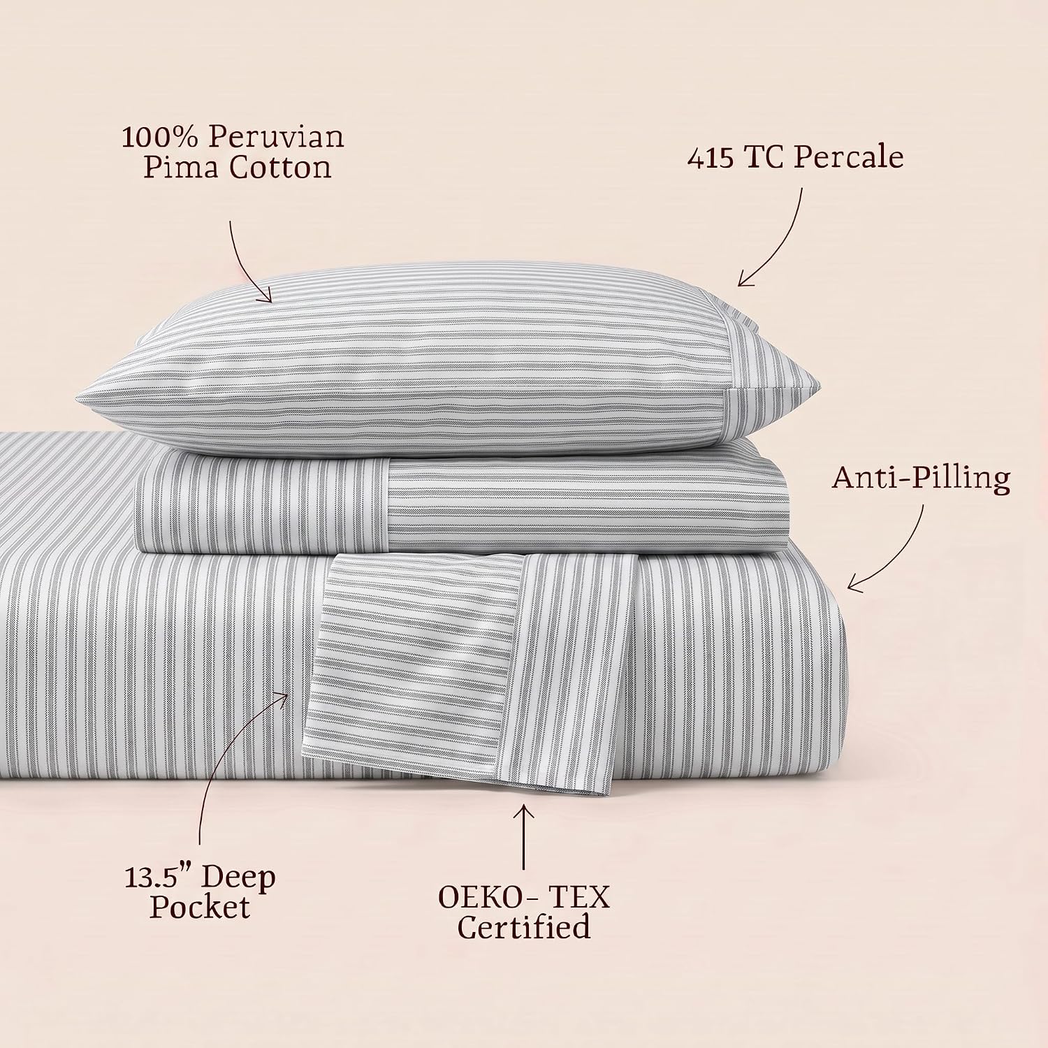 Perupima Peru Pima 415 Thread Count Percal Full Sheet Set - 100% Peruvian Pima Cotton, 4 Piece (Flat, Fitted, 2 Pillowcases) - Cooling, Cri…