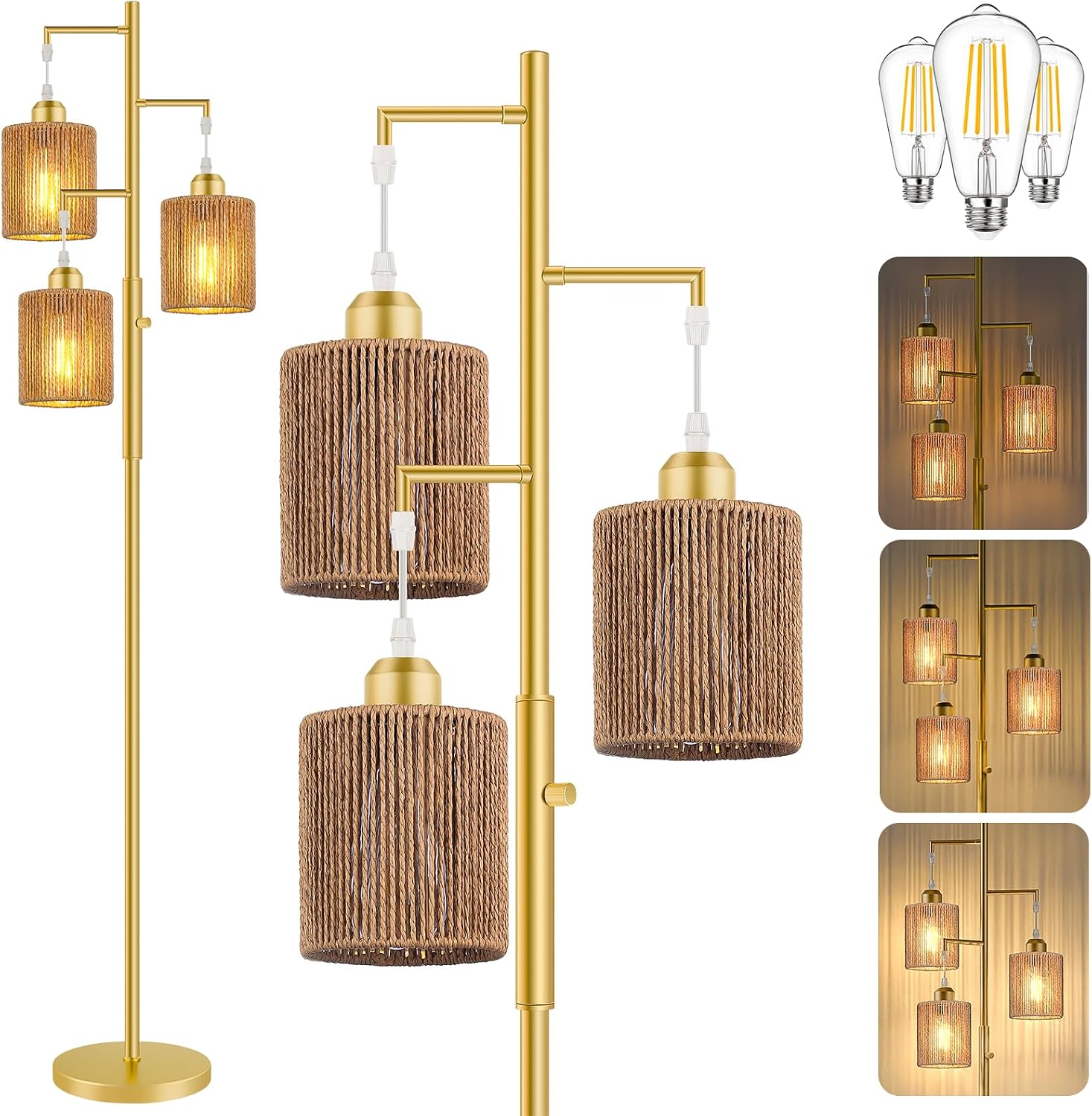 Hotsonic 72" Tall Boho Rattan Style Floor Lamp with Hand-Woven Paper Cord Shade, Dimmable Industrial Tree Standing Lamp for Living Room…