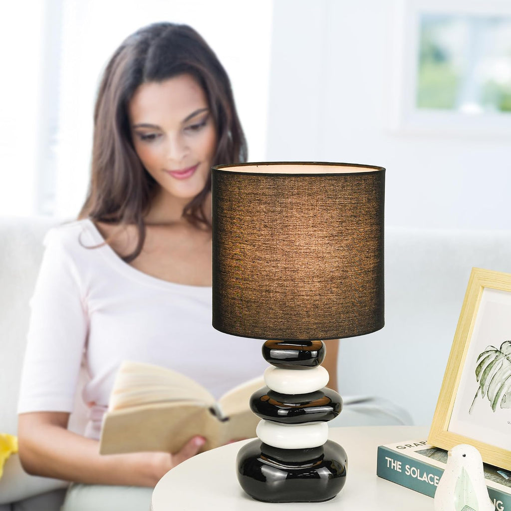 Stoney Black Ceramic Table Lamp for Living Room as Modern Kids Night Bedside Table Lamp for Bedroom, Φ7.09×H13.58IN, Bulb Excluded