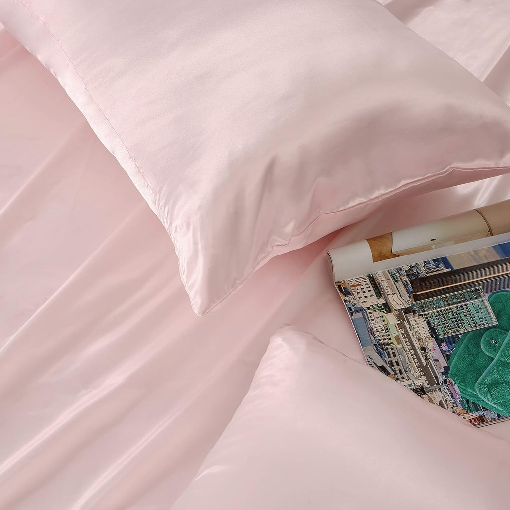 HommxJF Blush Pink Satin Pillowcase Standard Set of 2 with Envelope Closure, Blush Pink Silk Pillowcase for Hair and Skin (20x26) Pink