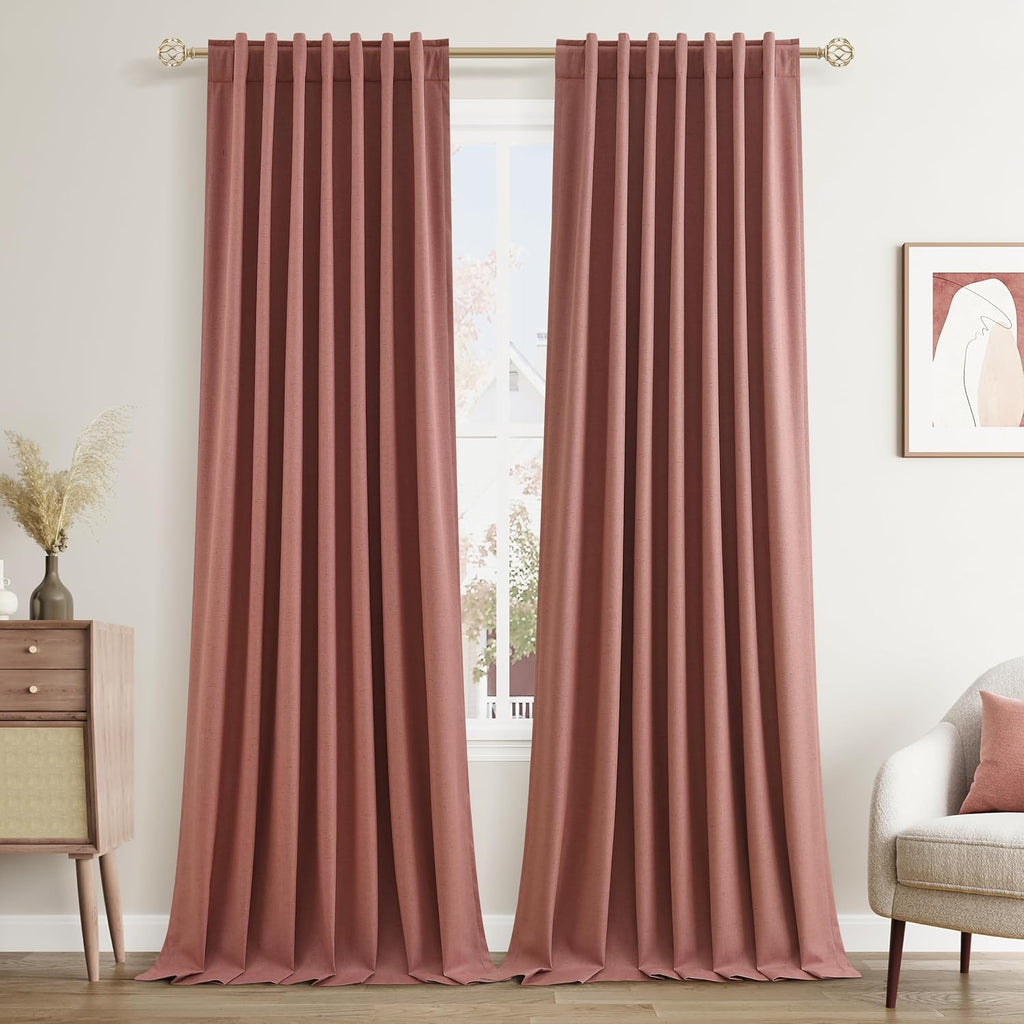 Guken Dusty Rose 100% Blackout Linen Curtains 108 Inch Length 2 Panels Set for Girls Bedroom Back Tab Thermal Insulated Black Out Drapes Ro…