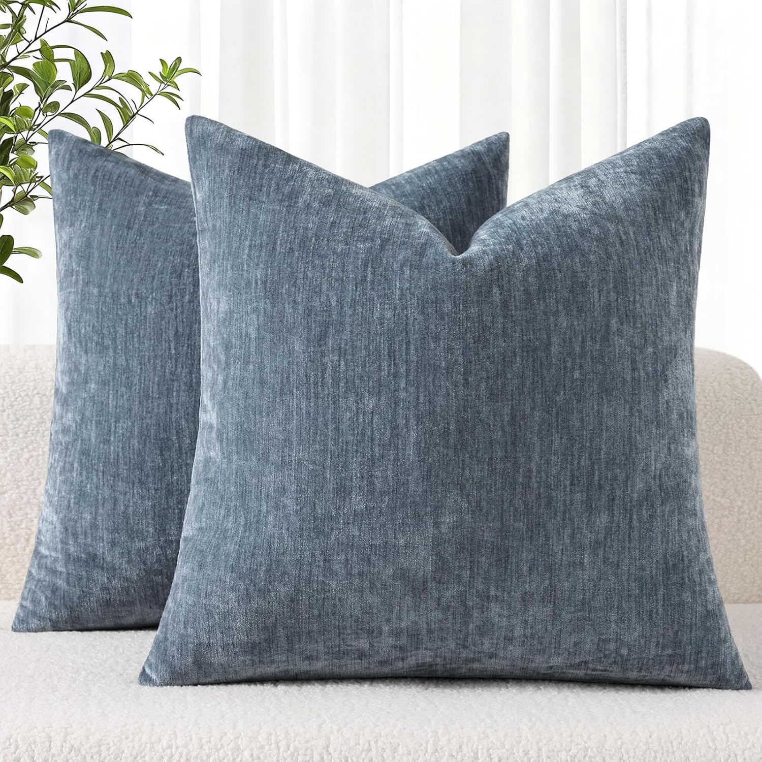 decorUhome Chenille Haze Blue Throw Pillow Covers 22x22 Inch Set of 2, Decorative Soft Couch Pillow Covers Solid Dyed Accent Velvet Farmhou…