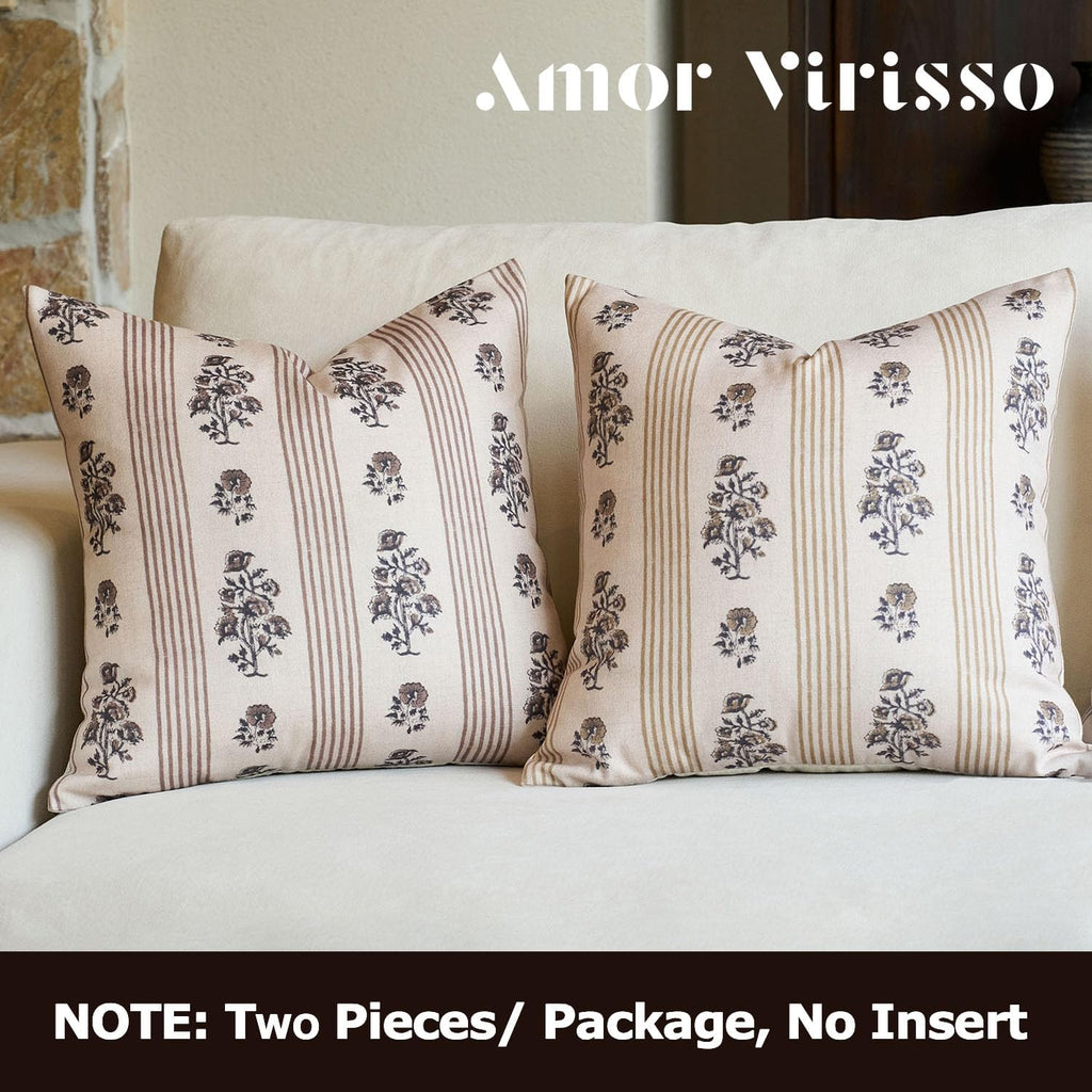 AffordableFloralPrintMaker Amor Virisso Floral Throw Pillow Covers 24x24 Set of 2 Block Print Pillow Covers Neutral Floral Striped Farmhous…