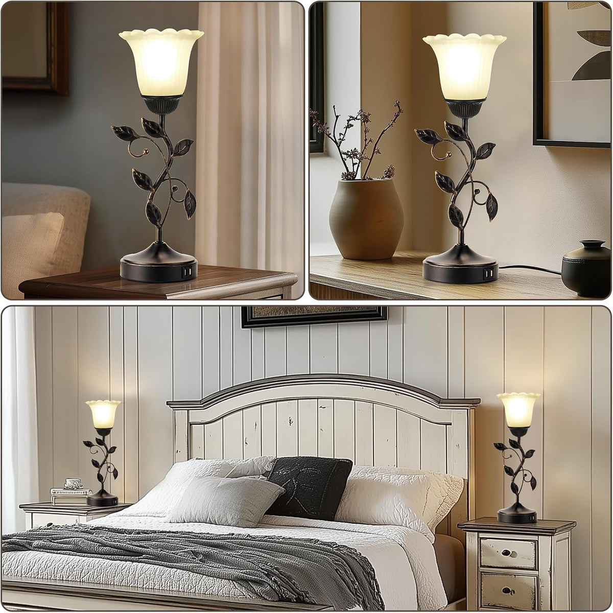 Set of 2 Touch Bedside Vintage Lamps with 2 USB Ports, 3-Way Dimmable Flower Lamps, White Glass Shade Rustic Leaf Lamp for Bedroom Side…