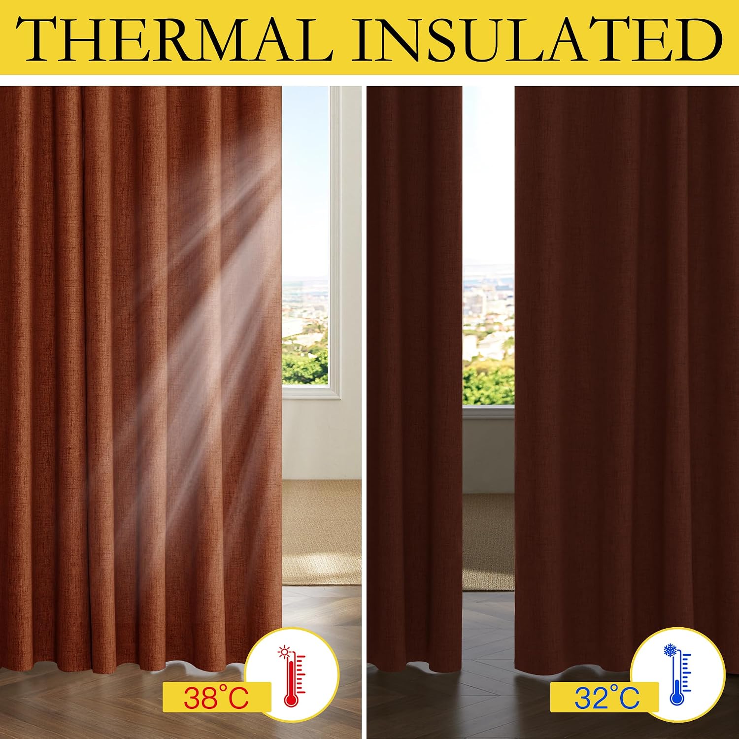 NICETOWN 100% Absolutely Blackout Linen Curtains with Thermal Insulated Liner, 62" Wide, 2 Panels, 120" Long Drapes, Grommet Retro Burnt…