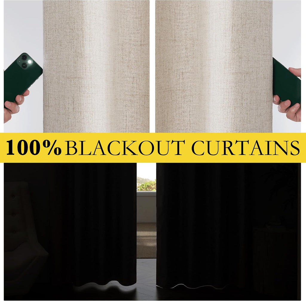 NICETOWN Oatmeal Vintage Open Linen Weave Flax Thermal Curtains, 100% Blackout Curtains 72" Long for Dining Room, Soundproof Window…