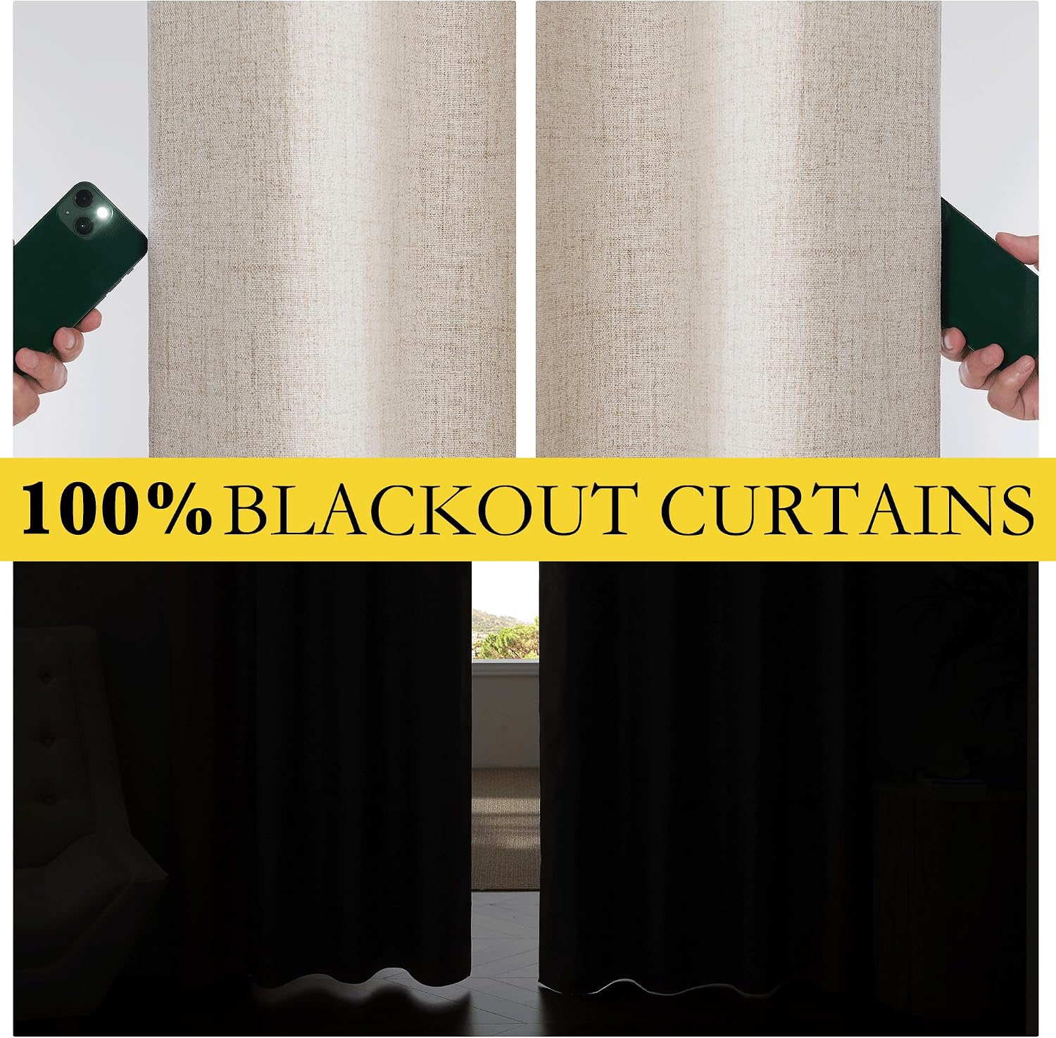 NICETOWN Oatmeal Vintage Open Linen Weave Flax Thermal Curtains, 100% Blackout Curtains 72" Long for Dining Room, Soundproof Window…