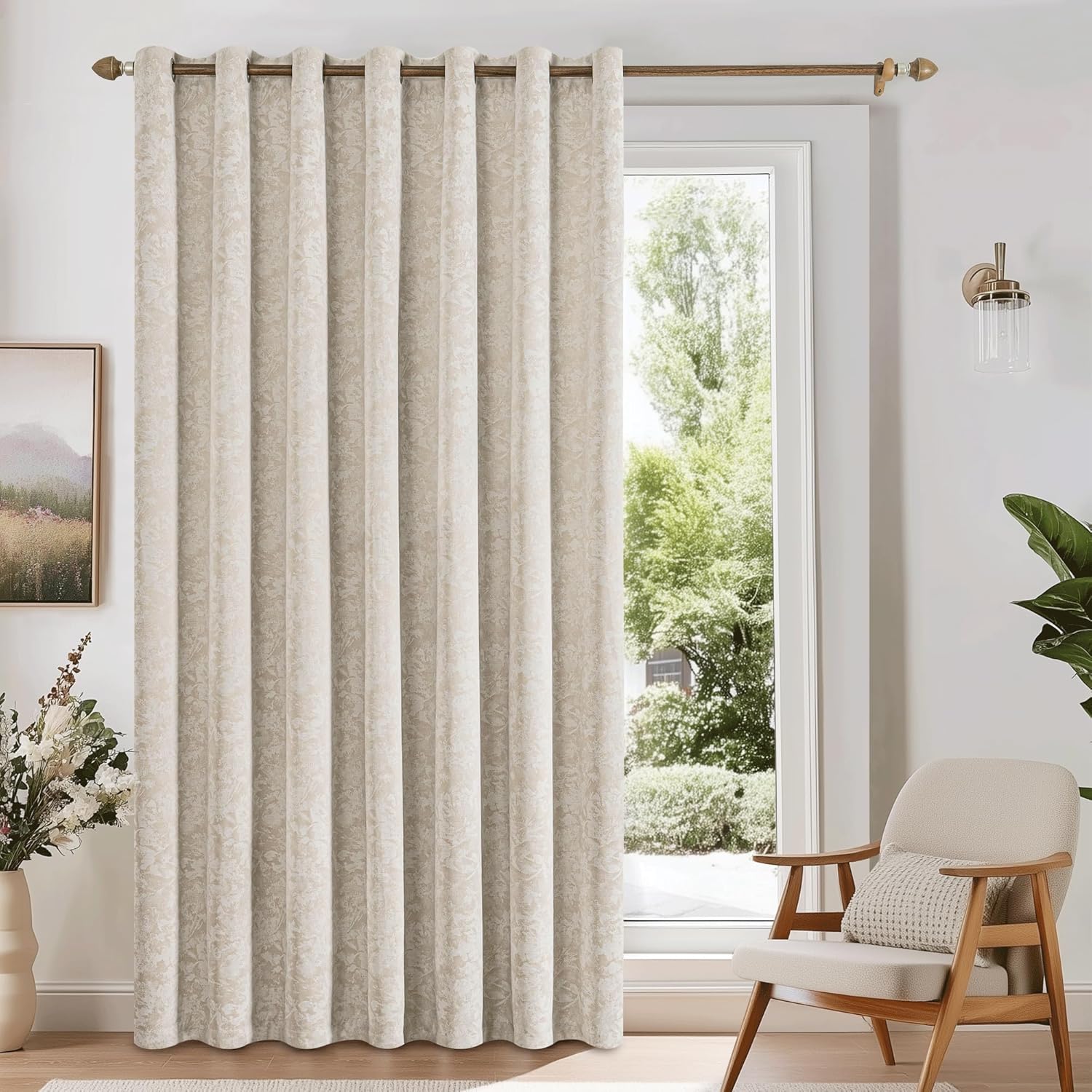 Beauoop Beige Floral Jacquard Blackout Curtains 84 Inches Long for Patio Sliding Door Extra Wide Chenille Flower Divider Room Darkening…