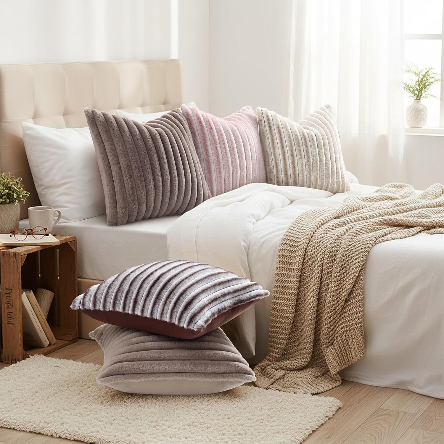 decorUhome Cozy Faux Fur Throw Pillow Covers 16x16 Set of 2 Decorative Soft Plush Striped Modern Farmhouse Boho Couch Pillow Cases with Vel…