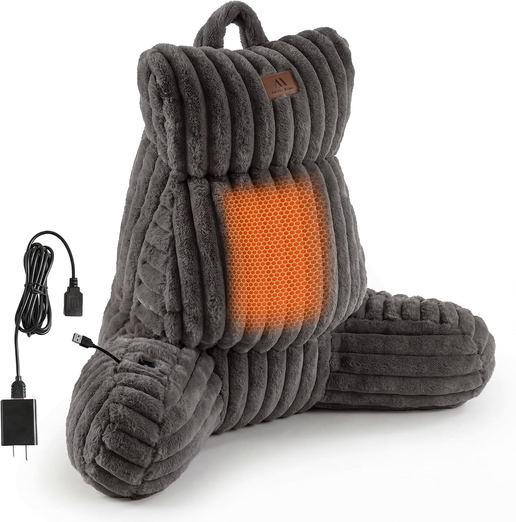 Amélie Home Heated Faux Fur Reading Pillow 3 Temperature Backrest for Sitting in Bed Support Cushion, USB-Powered(No Power Bank Included)…