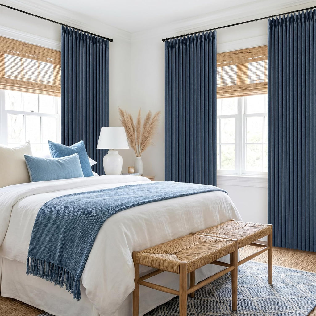 90 Inch Pinch Pleated Blackout Linen Curtains for Bedroom 2 Panels Memory Trained 100% Black Out Soundproof Room Darkening Navy Window…