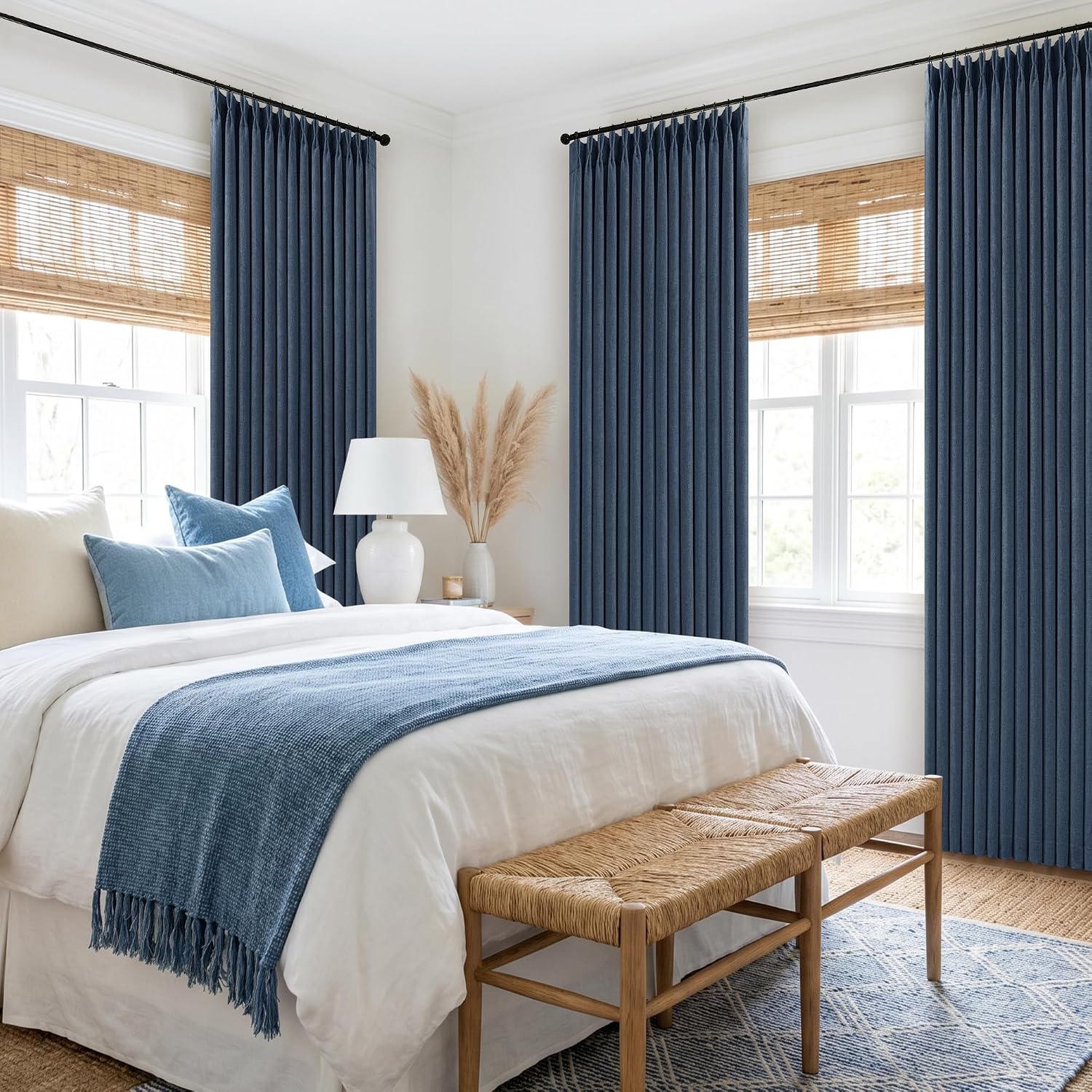 90 Inch Pinch Pleated Blackout Linen Curtains for Bedroom 2 Panels Memory Trained 100% Black Out Soundproof Room Darkening Navy Window…