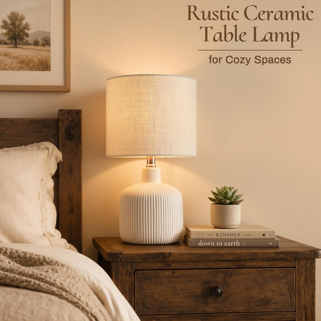 Ceramic Table Lamp, 17.75" Rustic Farmhouse Bedside Lamp with Beige Linen Shade, Warm Ambient Nightstand Lighting for Bedroom or Living…