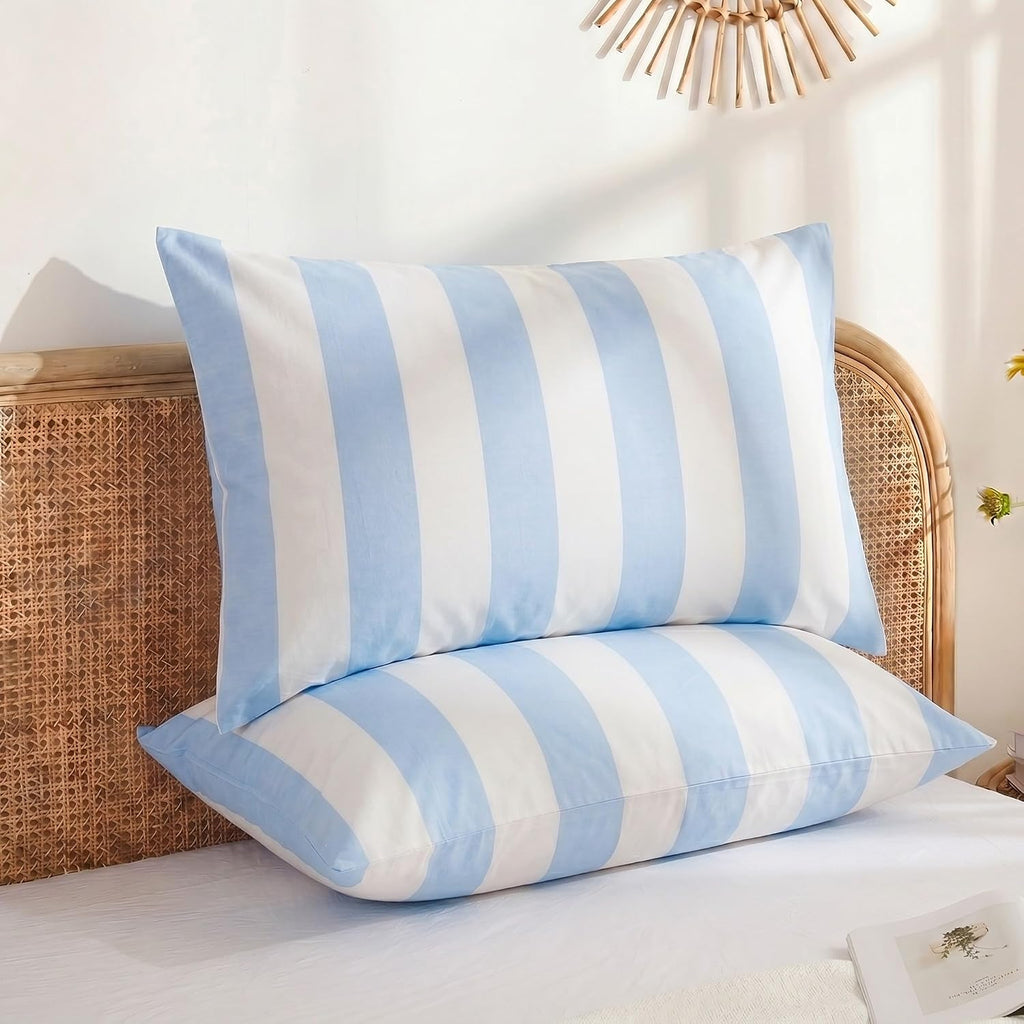 Merryword Queen Size Pillowcases, 100% Cotton Pillow Cases, Blue and White Striped Pillowcases, Luxury Linen Like Pillowcase, Soft Breathab…