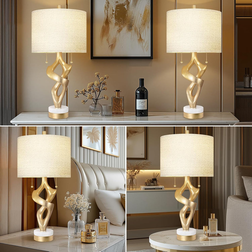 Scenekoy Sculptural Table Lamp Set of 2 with USB Ports for Bedroom Living Room, 26” Gold Leaf Marble Base Bedside Lamps, Pull Chains…