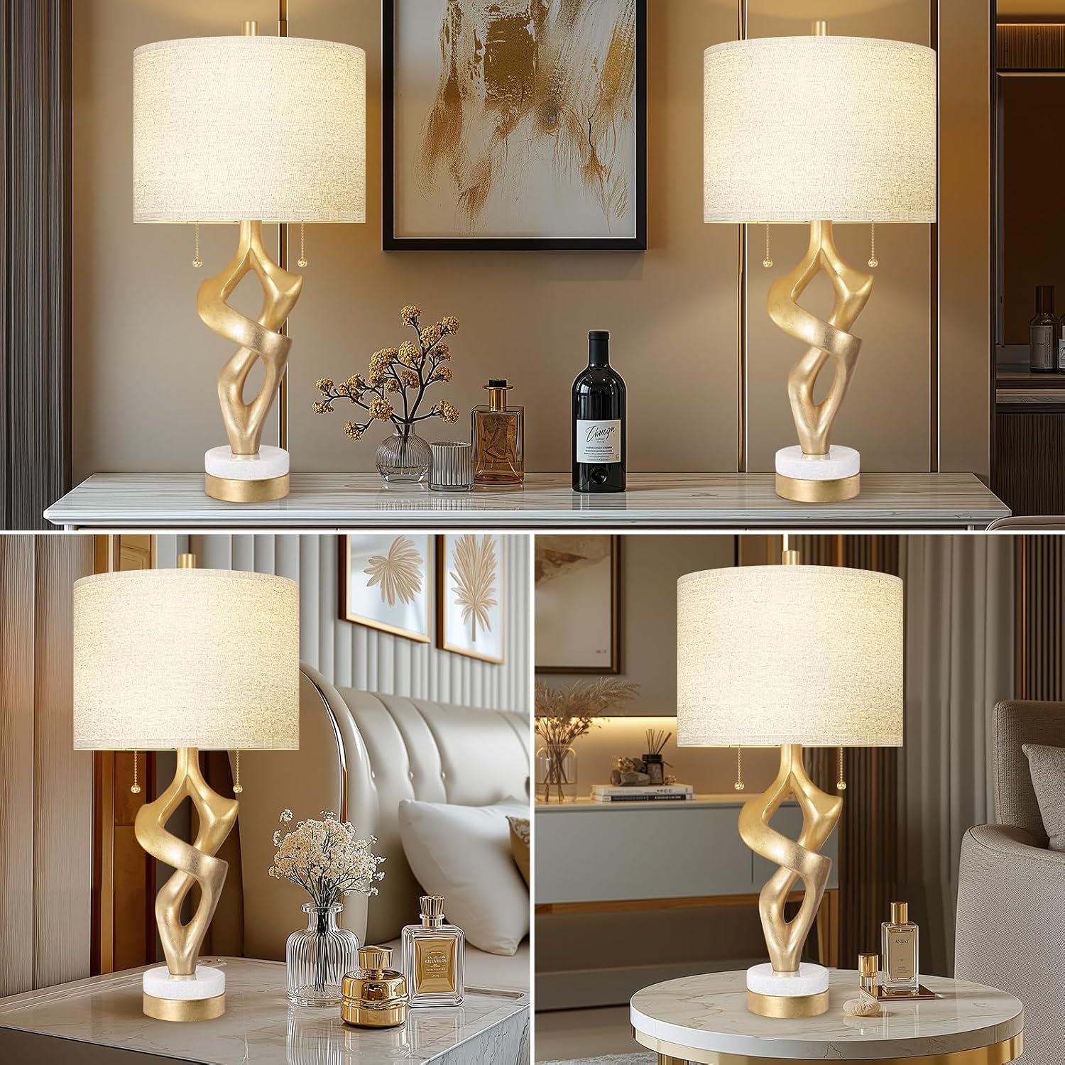 Scenekoy Sculptural Table Lamp Set of 2 with USB Ports for Bedroom Living Room, 26” Gold Leaf Marble Base Bedside Lamps, Pull Chains…