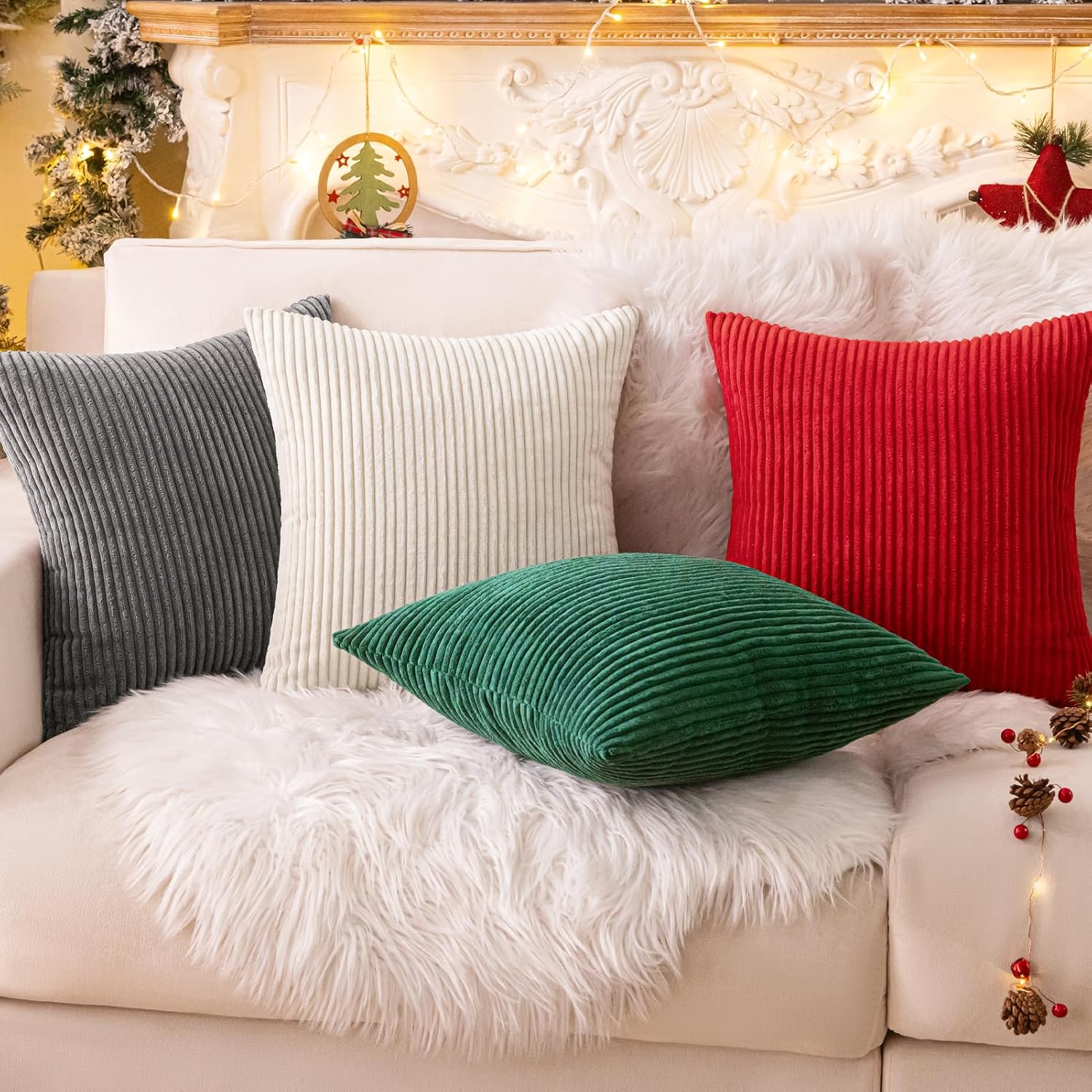 Softalker Spring Pillow Covers 16x16 Set of 2, Super Soft Boho Striped Corduroy Pillow Cover, Outdoor Decorative Throw Pillows for Sofa Cou…