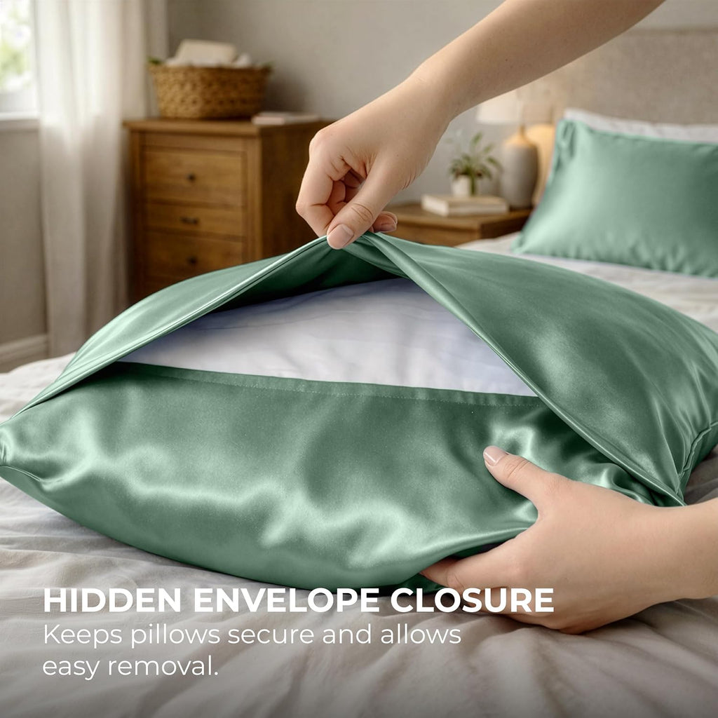 PureBedding Pure Bedding Satin Pillowcase 2 Pack - Queen Size (20"x30", Champagne Green) - Silky Pillow Cases for Hair and Skin - Satin Pil…