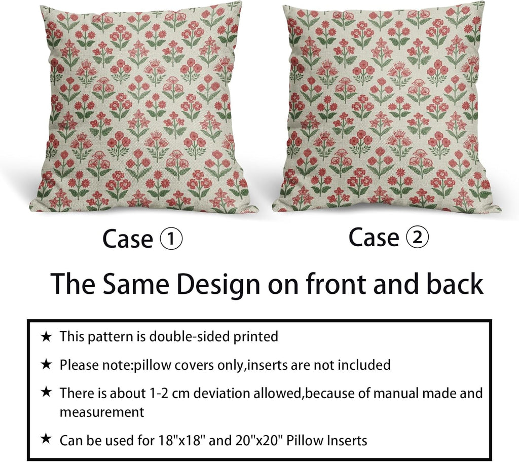 Red Green Christmas Floral Block Print Pillow Covers 20x20 Inch Set of 2, Vintage Flower Pattern Decorative Throw Pillowcases Outdoor…