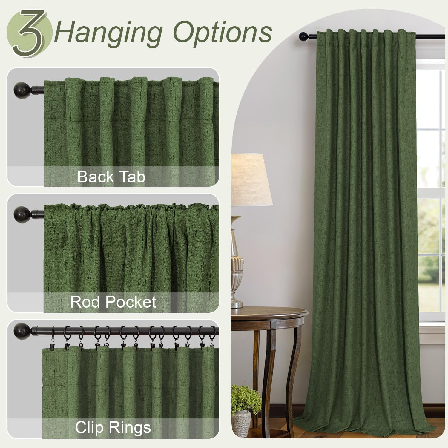Pitalk Olive Green Blackout Curtains 63 Inch Length 2 Panel for Boys Bedroom Kids Nursery Decorative Linen Room Darkening Grass Forest Gree…