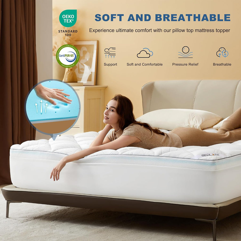 Bedlore 4-Inch King Mattress Topper for Back Pain - Dual Layer Medium Support (2" Gel Memory Foam + 2" Cooling Fluffy Pillow Top Pad)…