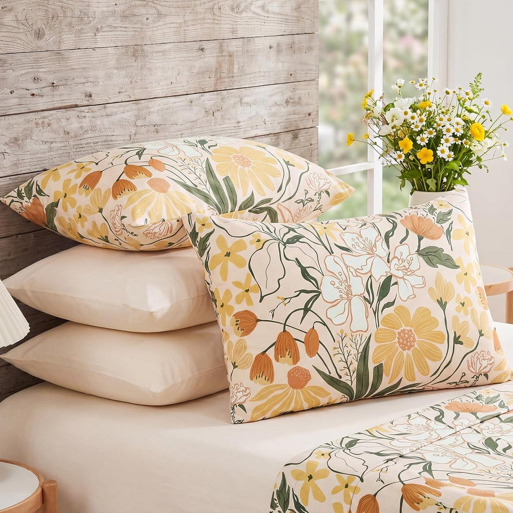 Bedorm 100% Cotton Pillowcases Set of 2 Standard Size Pillow Cover Yellow Floral Botanical Pillow Cases Soft & Breathable Pillowcases with…