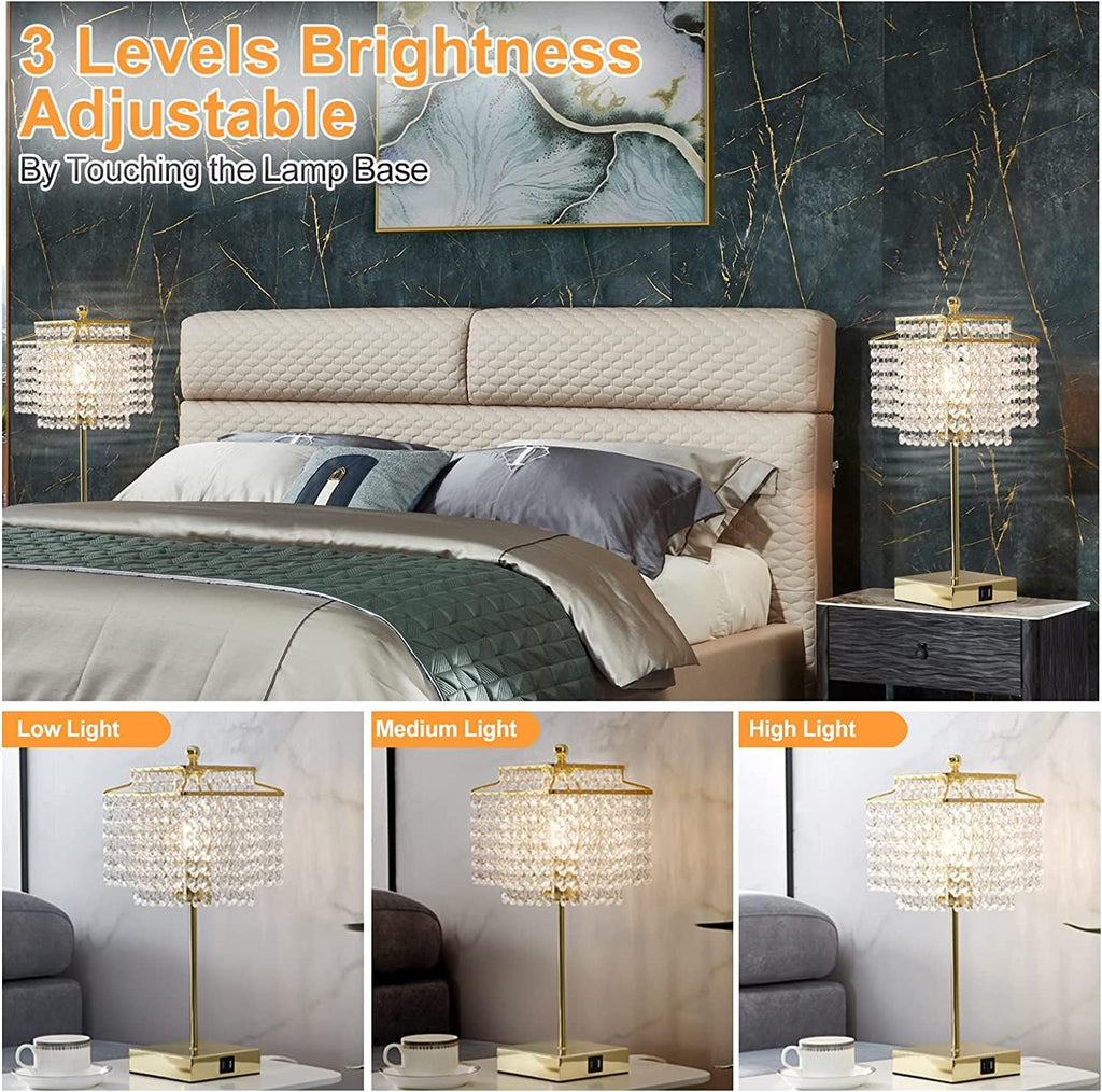 Luvkczc Set of 2 USB Bedside Crystal Table Lamp Gold, Touch Control Lamp, Dimmable Lamp with Crystal Shade for Bedroom, Living Room, 6W…