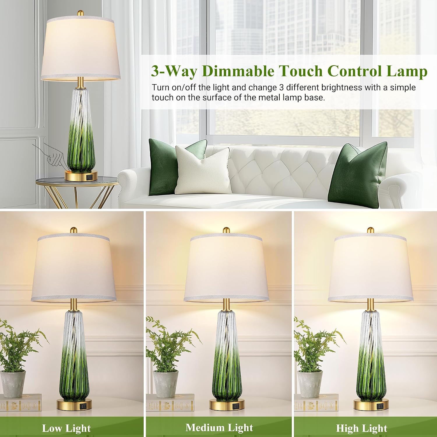 Glass Table Lamps Set of 2, Modern Bedside Lamps for Bedrooms with USB A+C Ports, 3-Way Dimmable Touch Control Nightstand Lamp with White…