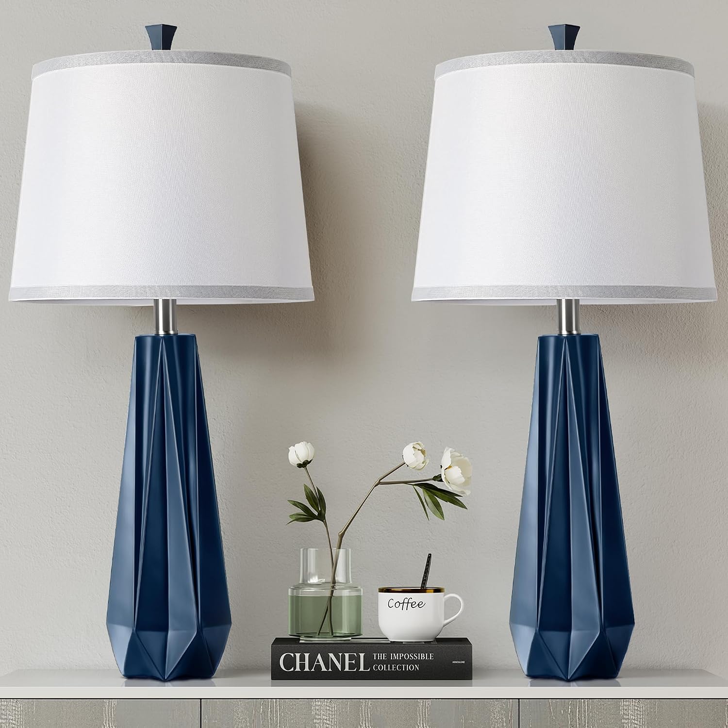 WIHTU 3 Color Temperature Table Lamps Set of 2, 27'' Navy Blue Modern Table Lamp for Living Room, Beside Lamp with Linen Shade, Resin…