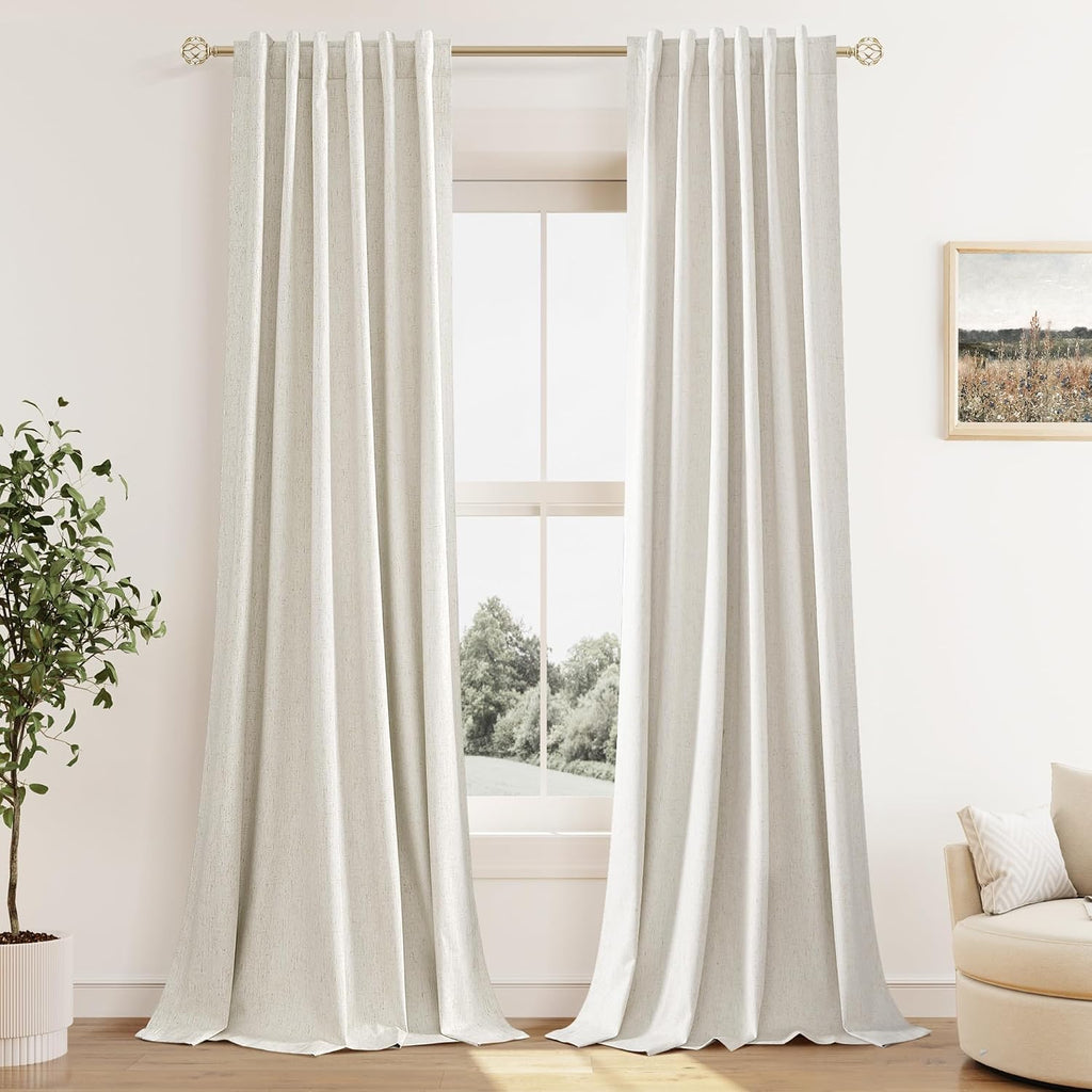 Guken Cream 100% Blackout Cream Linen Curtains 52 Inch Wide by 128 Inch 2 Panels Set for Living Room Bedroom Back Tab Thermal Insulated Bla…