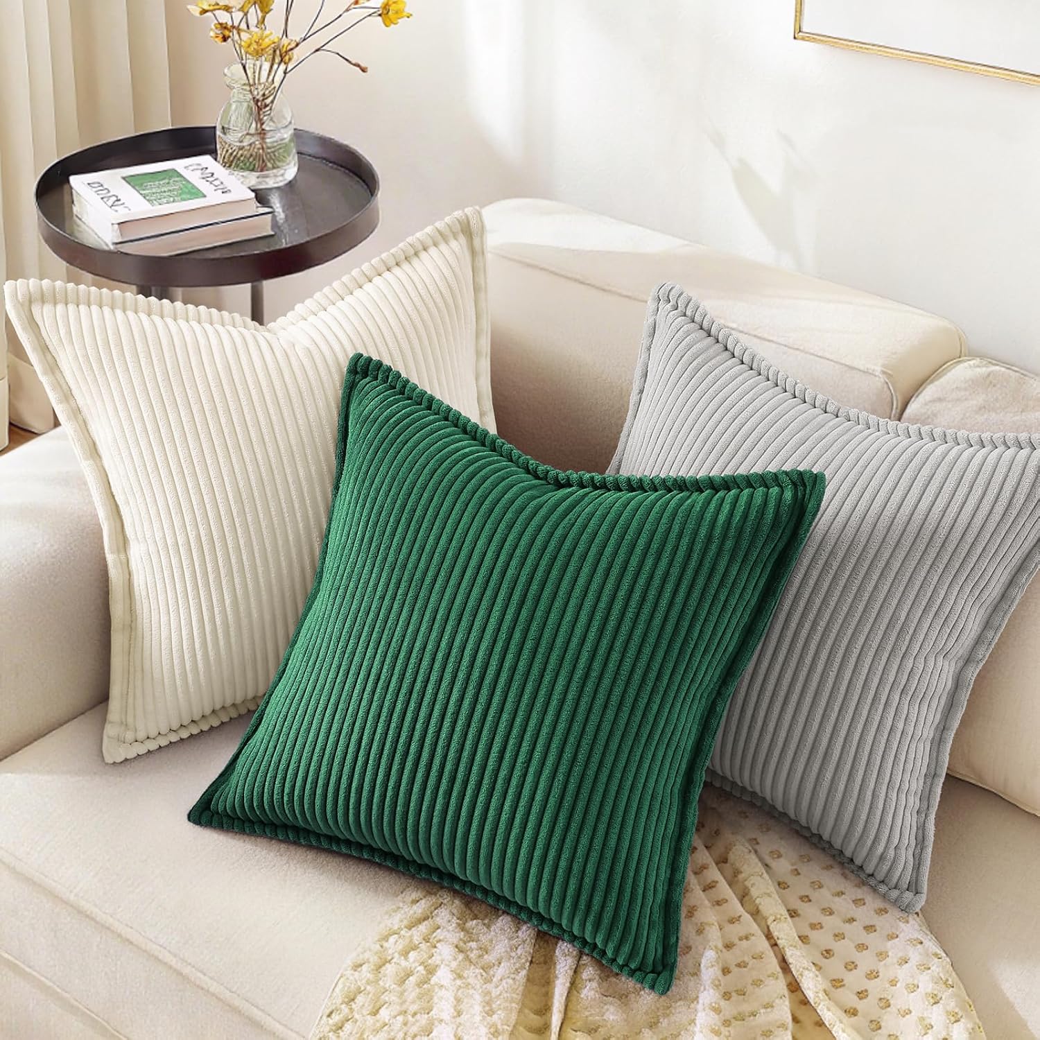 decorUhome Summer Corduroy Green Throw Pillow Covers 12x20 Set of 2 Decorative Soft Boho Farmhouse Lumbar Couch Pillow Covers for Living Ro…