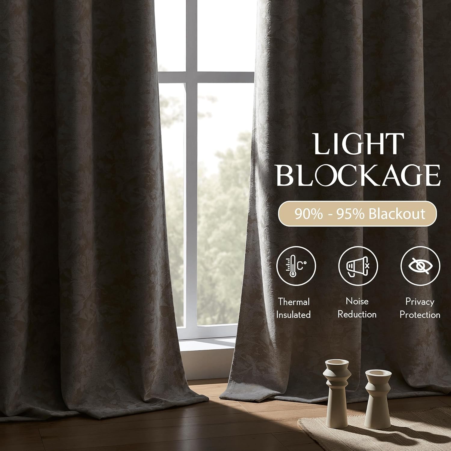 Beauoop Beige Floral Jacquard Blackout Curtains 63 Inches Long 2 Panels for Bedroom Living Room Chenille Flower Room Darkening Thermal…