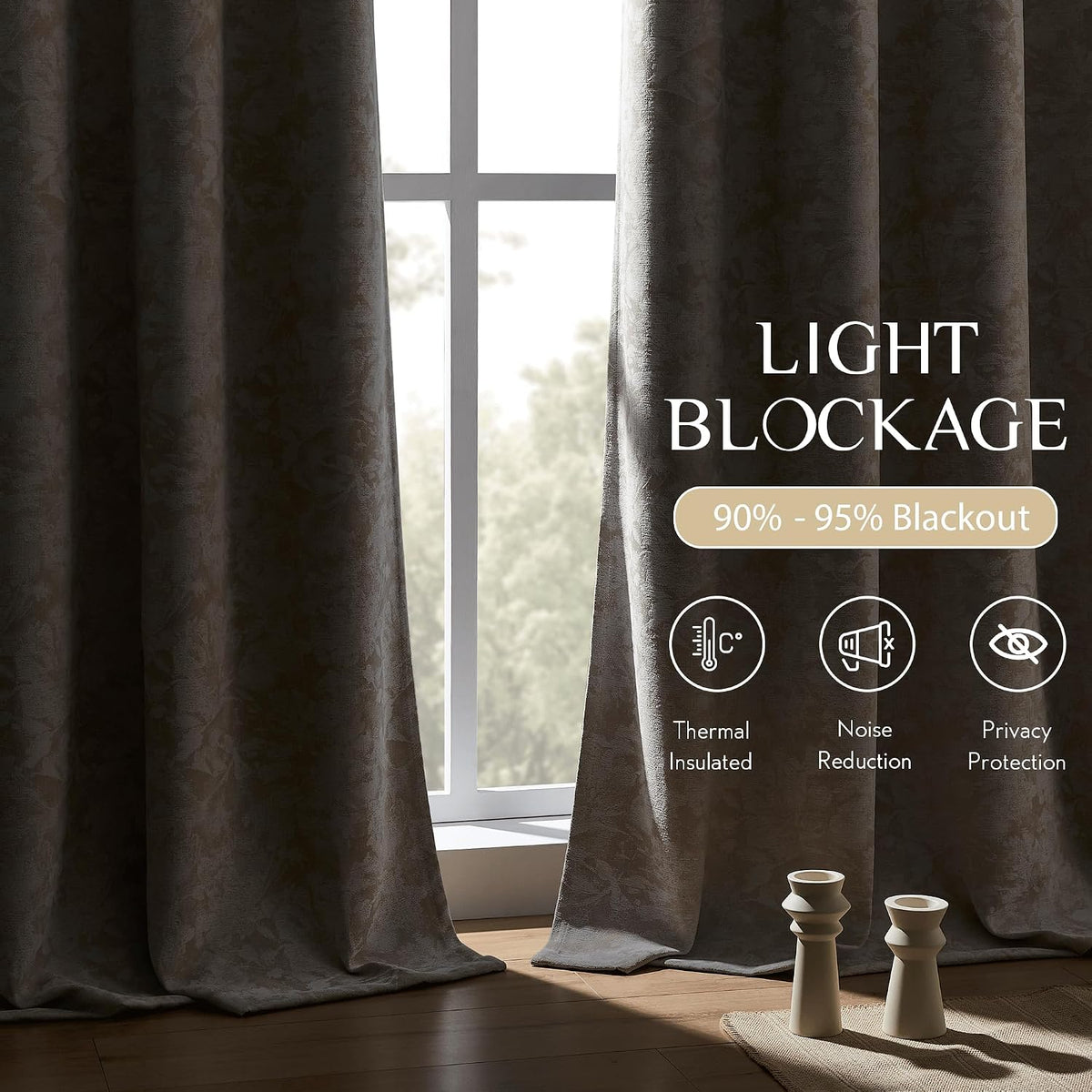 Beauoop Beige Floral Jacquard Blackout Curtains 72 Inches Long 2 Panels for Bedroom Living Room Taupe Flower Chenille Room Darkening…