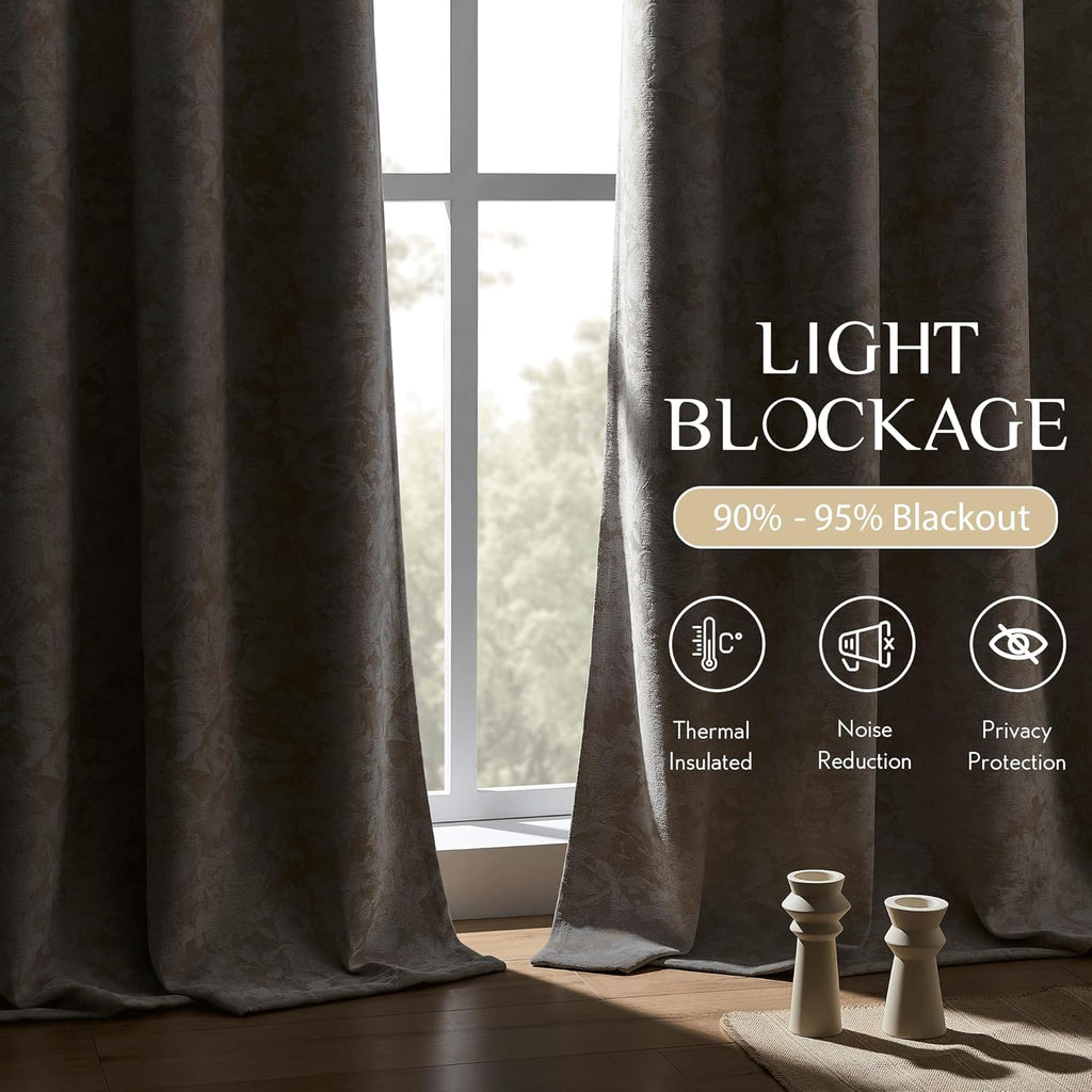 Beauoop Beige Floral Jacquard Blackout Curtains 90 Inches Long 2 Panels for Bedroom Living Room Taupe Flower Chenille Room Darkening…