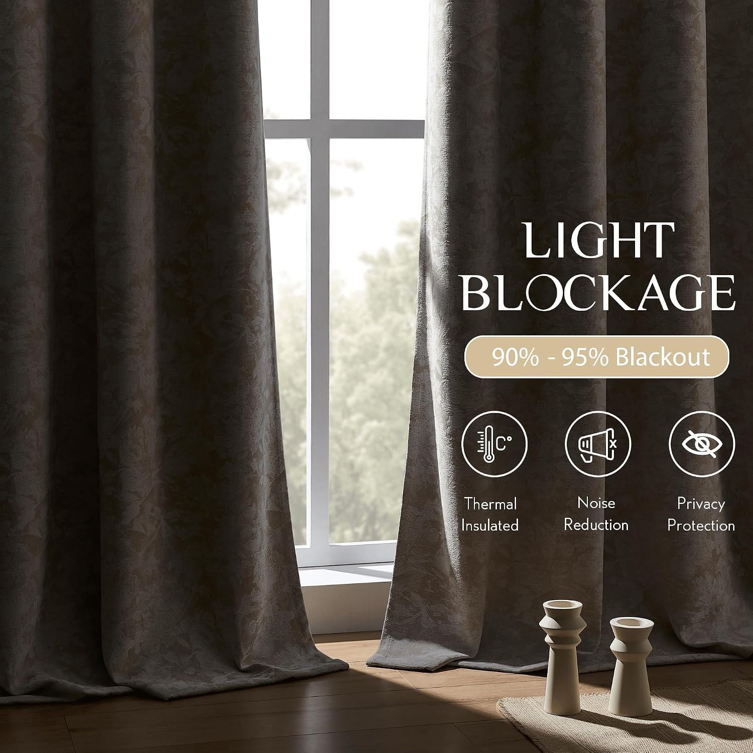 Beauoop Beige Floral Jacquard Blackout Curtains 84 Inches Long 2 Panels for Bedroom Living Room Chenille Flower Room Darkening Thermal…
